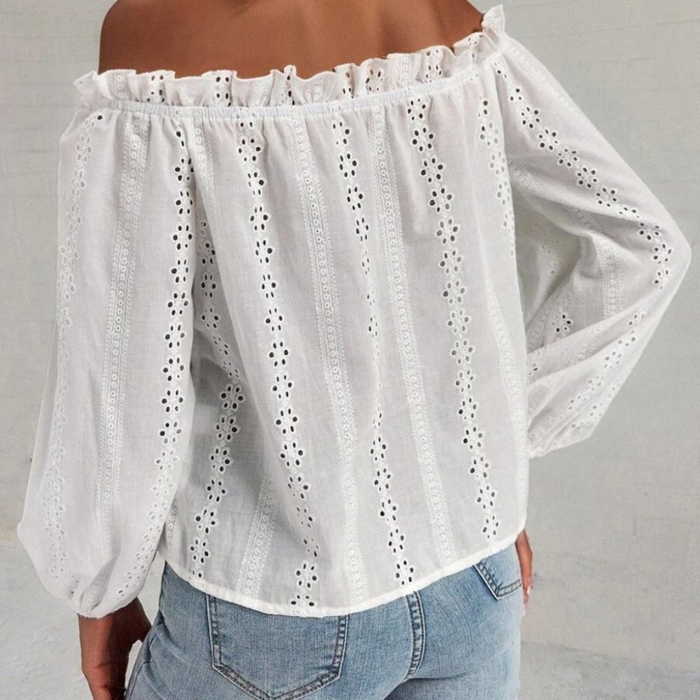 Off Shoulder Knot Front Lantern Sleeve Schiffy Blouse - Picture 6 of 6